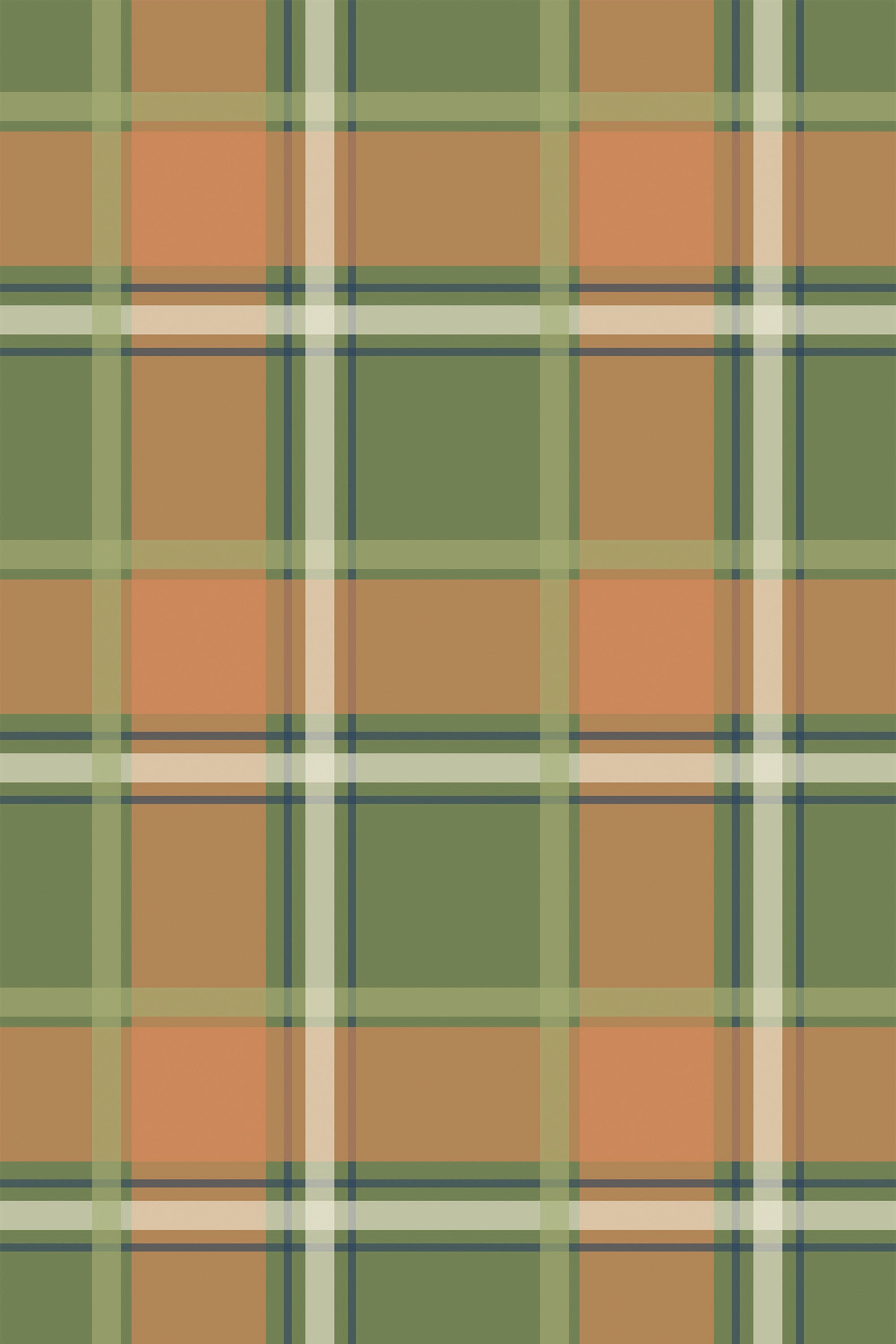 Plaid pattern with autumnal shades of green, orange, and beige on peel and stick removable wallpaper.