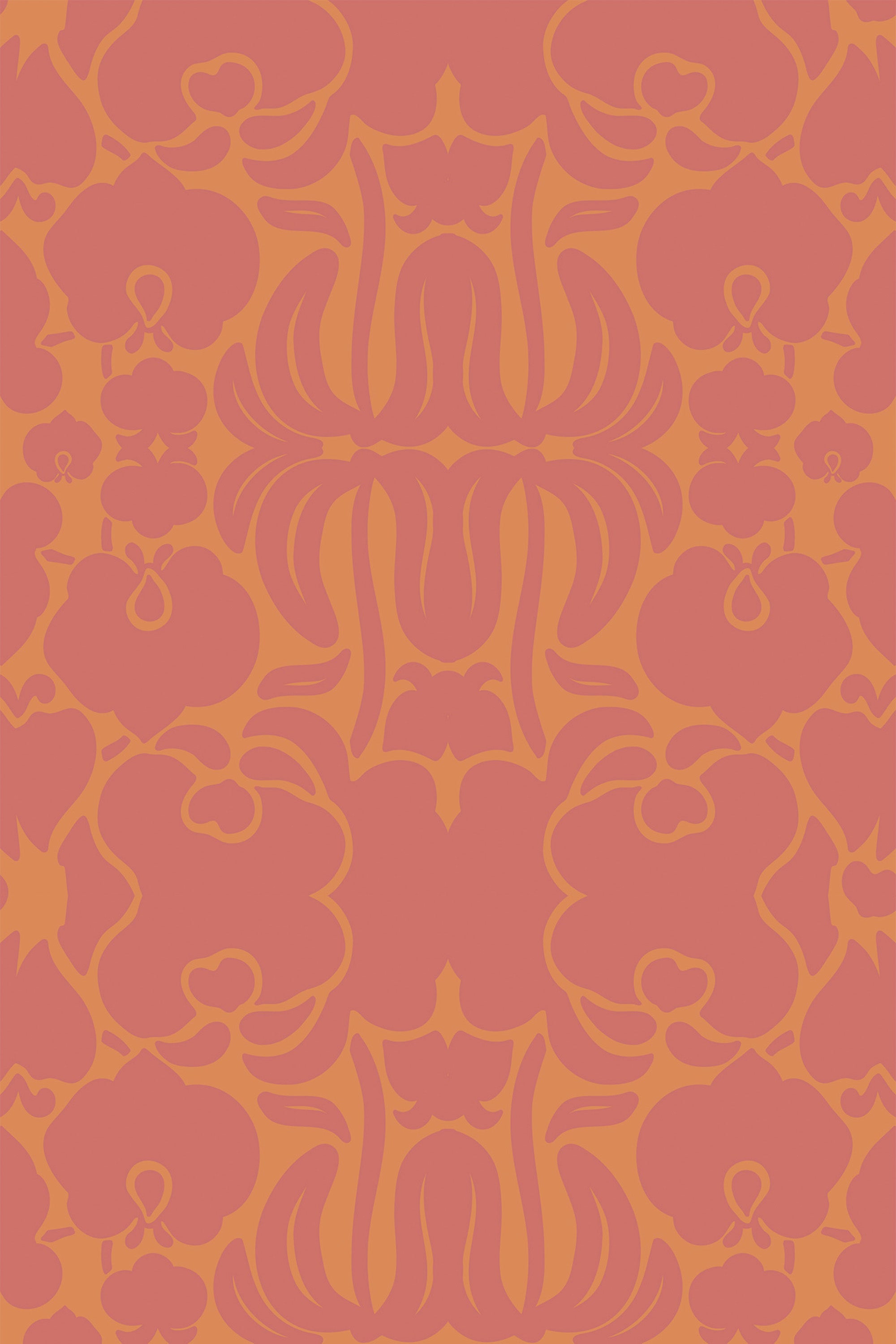 Ornate Victorian flower pattern in shades of peach and red on peel and stick removable wallpaper.