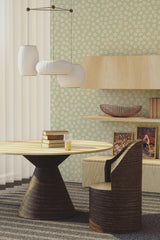 living room dining table wooden furniture light small little daisies wall paper peel and stick