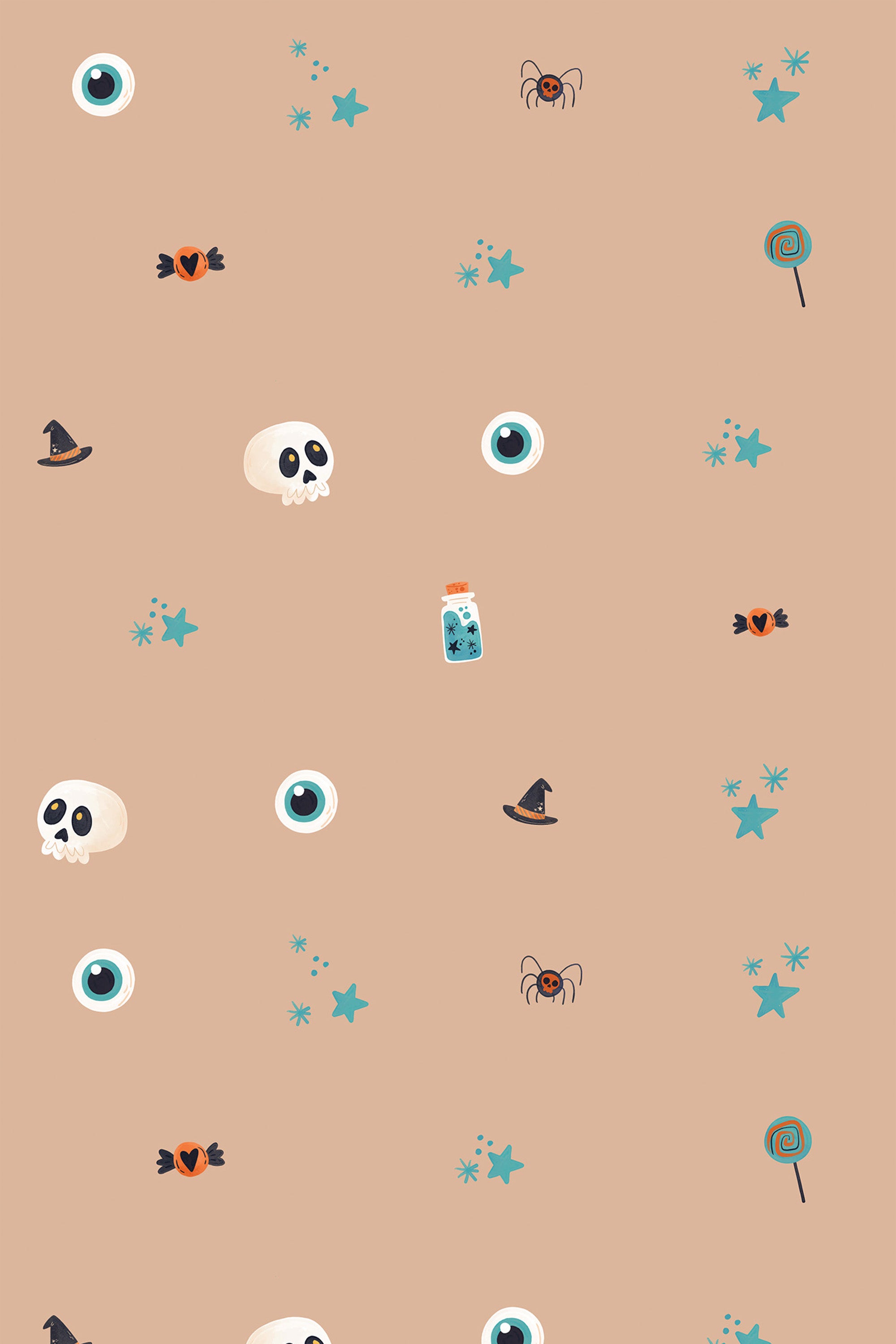 A Halloween-themed peel and stick removable wallpaper with skulls, eyeballs, spiders, witch hats, and candy on a beige background.
