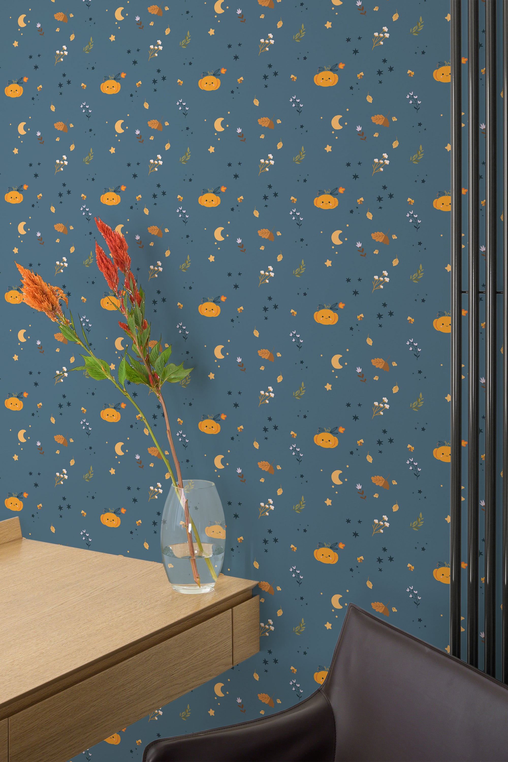 Self-adhesive wallpaper with a Halloween pumpkin patch design, including smiling jack-o'-lanterns, white ghosts, and stars on a dark blue background.