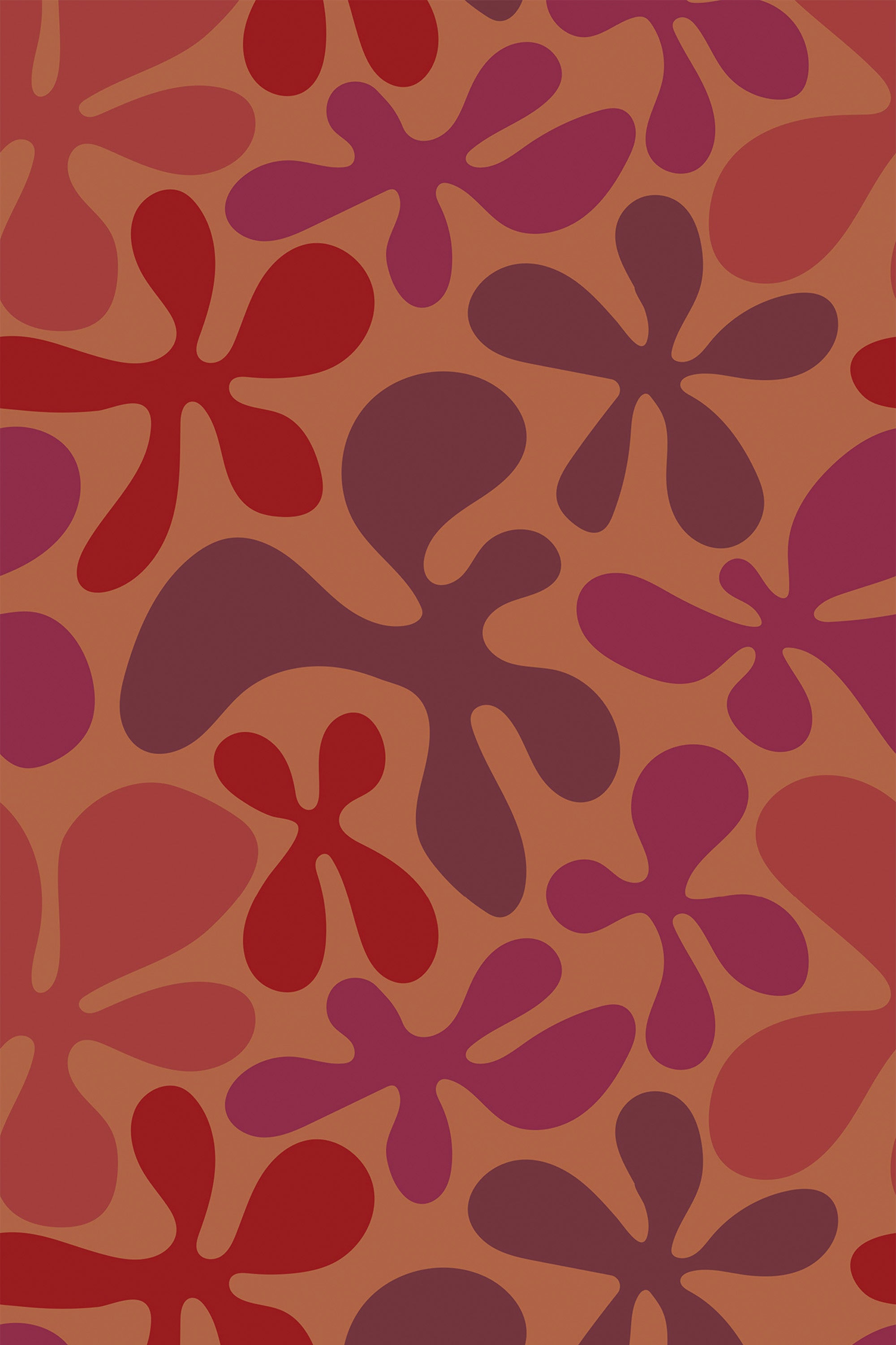 Red floral shapes on a warm backdrop make up this peel and stick removable wallpaper.