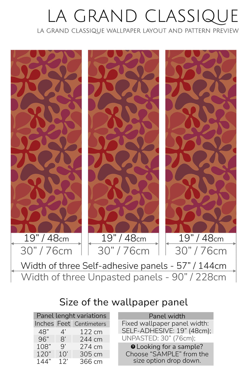 red floral shapes peel and stick wallpaper specifiation