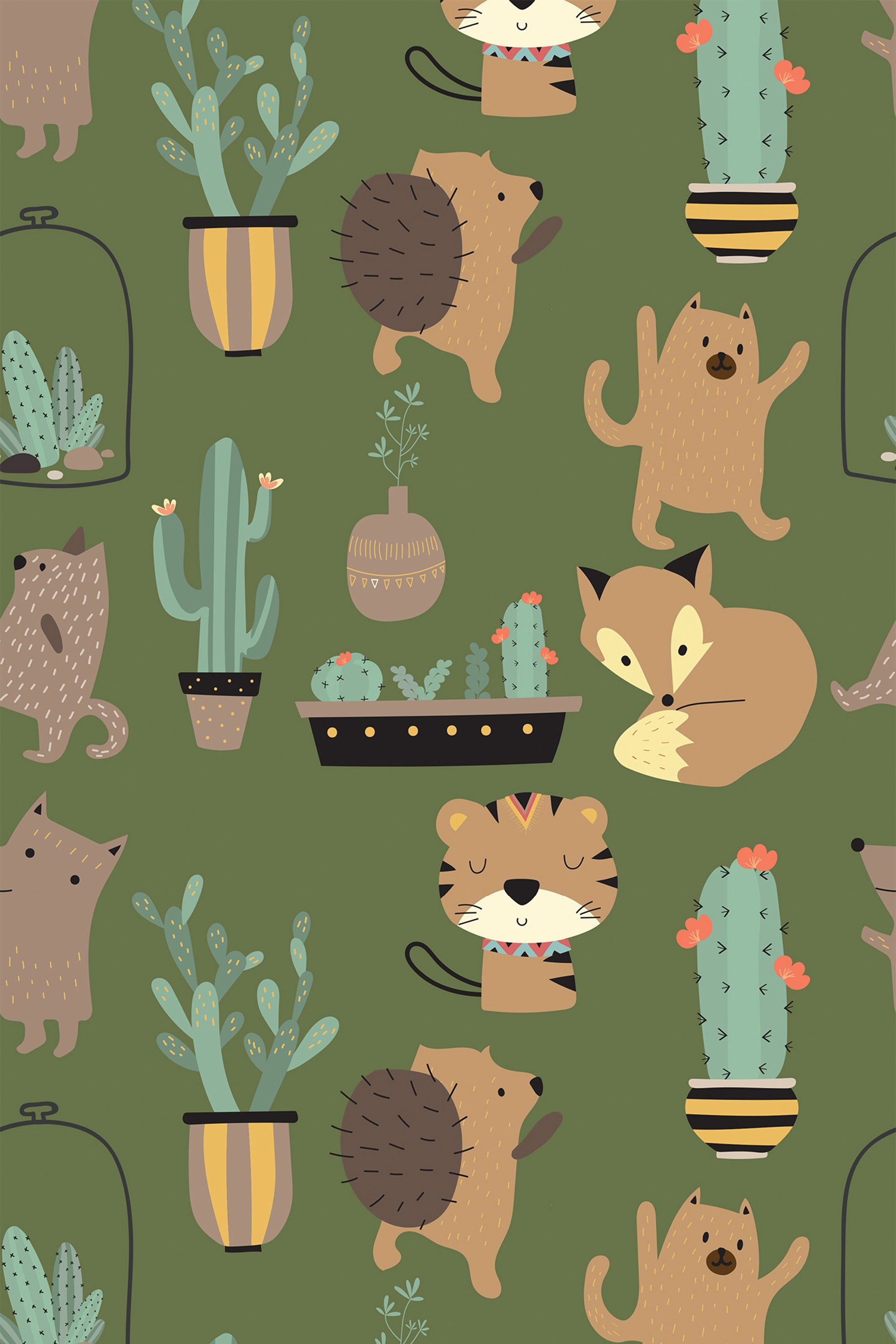 A playful pattern of illustrated hedgehogs, potted plants, and cacti on a green background, ideal for a whimsical touch in d��cor, peel and stick removable wallpaper.