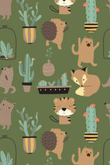 A playful pattern of illustrated hedgehogs, potted plants, and cacti on a green background, ideal for a whimsical touch in d��cor, peel and stick removable wallpaper.