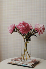 peonies magazines coffee table modern interior beige faux tweed wall paper peel and stick