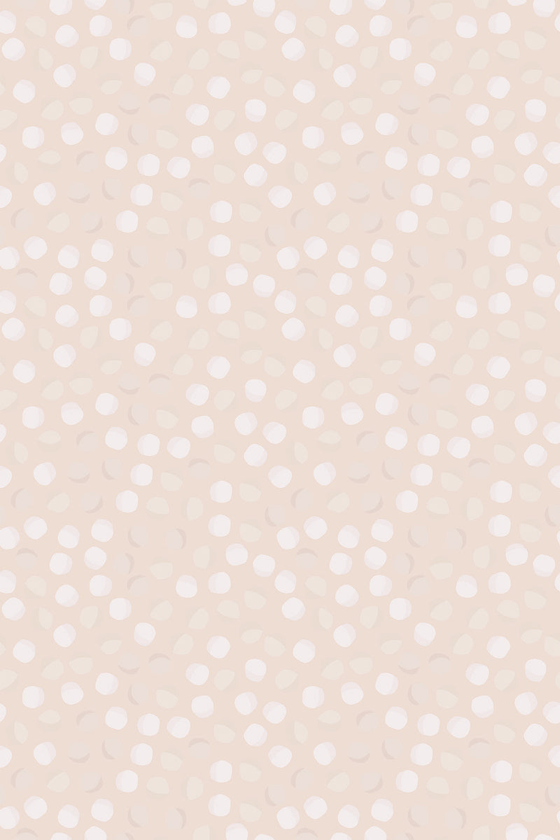 Beige wallpaper with a pattern of white staggered dots, giving a playful and modern vibe, titled 'Funky dots' as a peel and stick removable wallpaper.