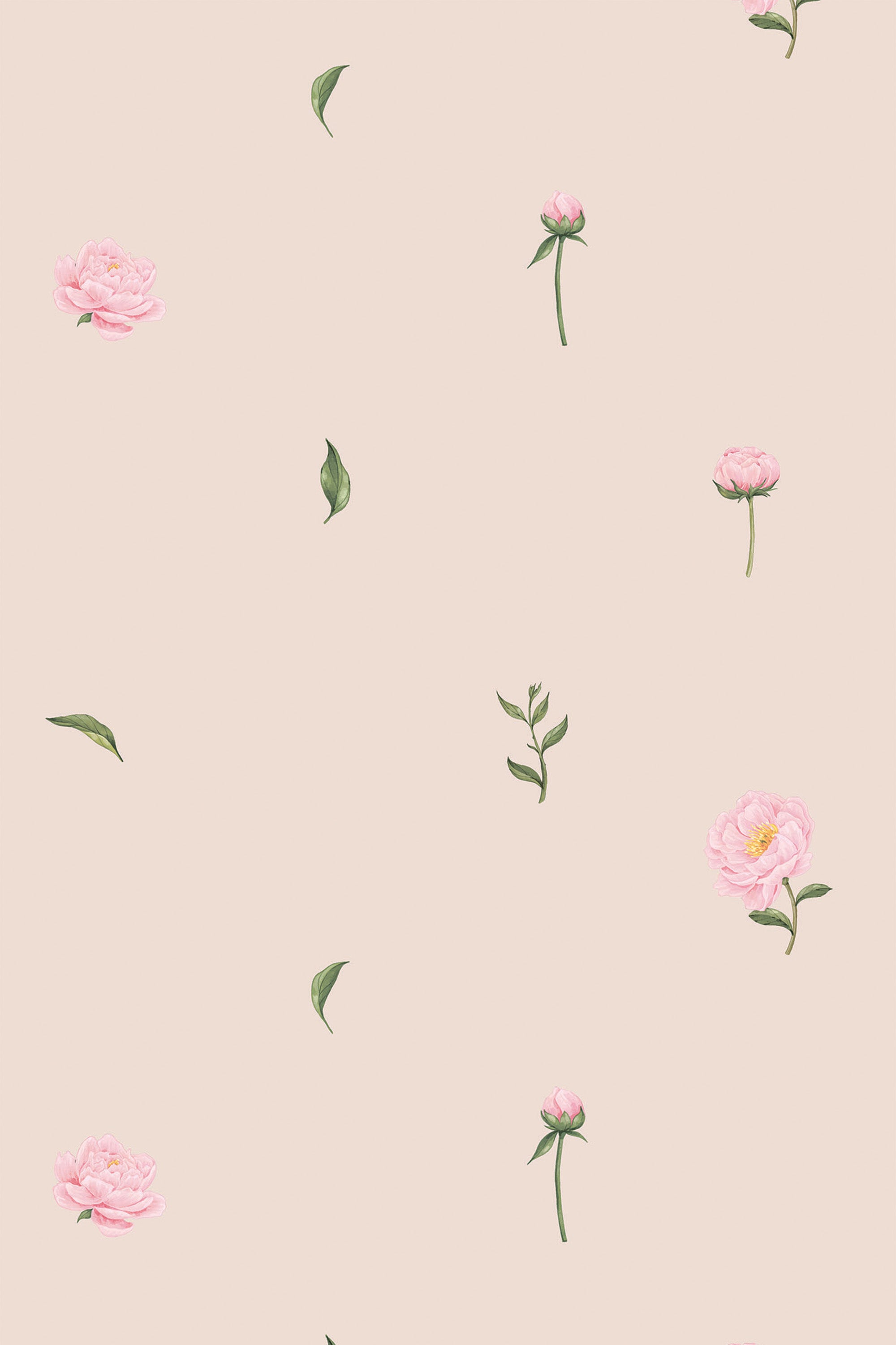 Pink roses and green leaves scattered on a pale background, nursery-themed, peel and stick removable wallpaper.