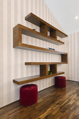modern living room shelf velour puff chairs classic neutral stripe wallpaper stick and peel
