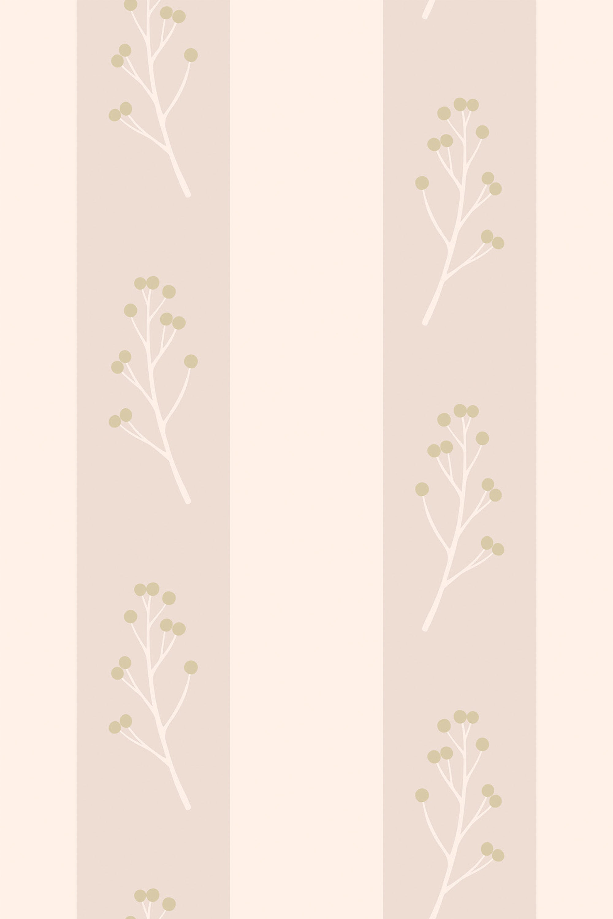 Vertical beige stripes with a repeated pattern of delicate tree branches with small green leaves on peel and stick removable wallpaper.