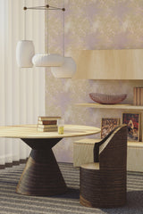living room dining table wooden furniture light purple damask wall paper peel and stick