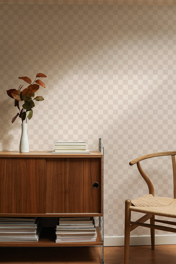 traditional wallpaper neutral check pattern accent wall sophisticated living room interior  