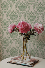 peonies magazines coffee table modern interior green damask wall paper peel and stick