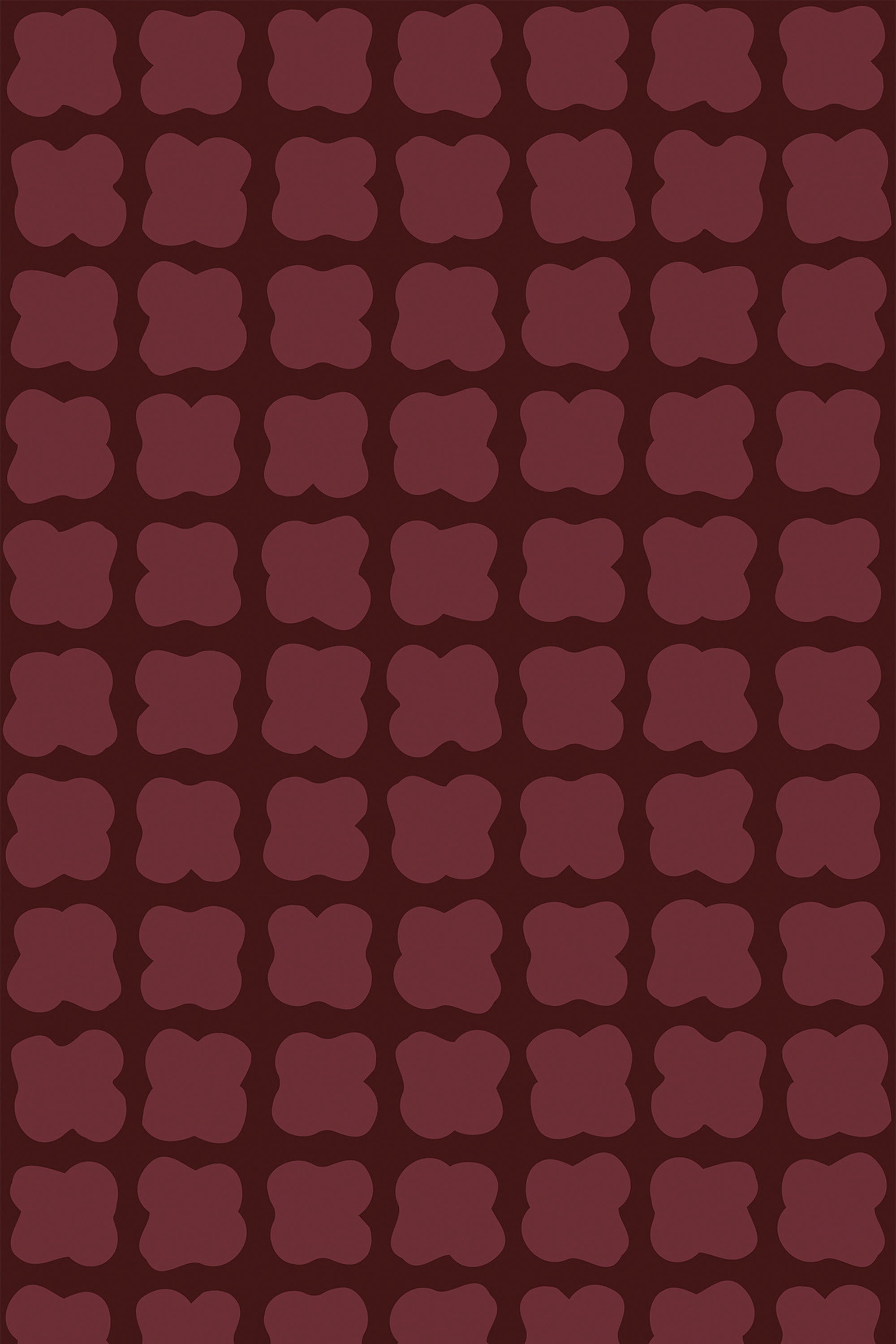 A dark red background with a continuous pattern of black stylized flower silhouettes, suitable for a peel and stick removable wallpaper.