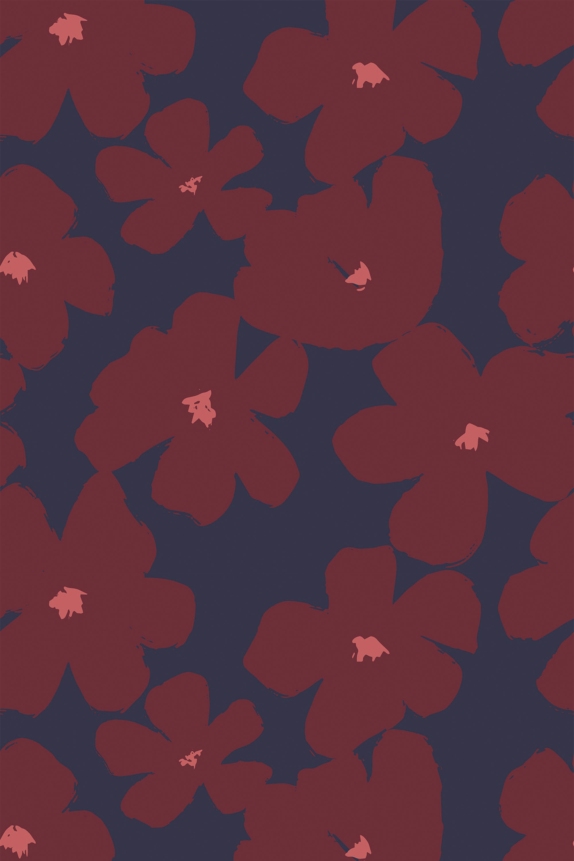 Abstract red floral patterns resembling brush strokes on a dark blue background, peel and stick removable wallpaper.
