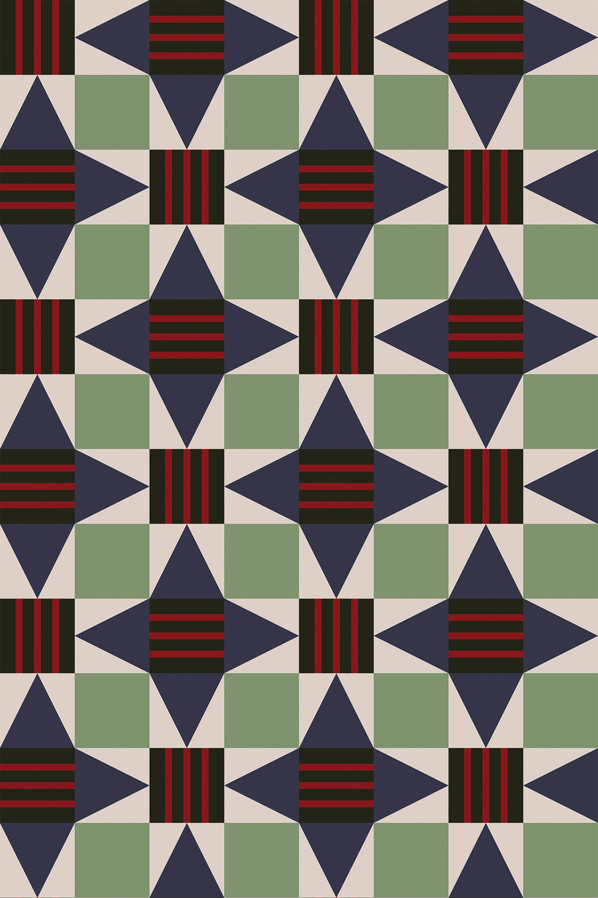 A symmetrical pattern with interlocking geometric stars in shades of green, red, and beige, creating a repeating motif on peel and stick removable wallpaper.
