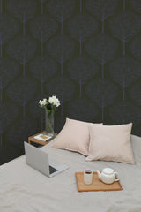 temporary wallpaper dark blue oak trees pattern cozy romantic bedroom interior