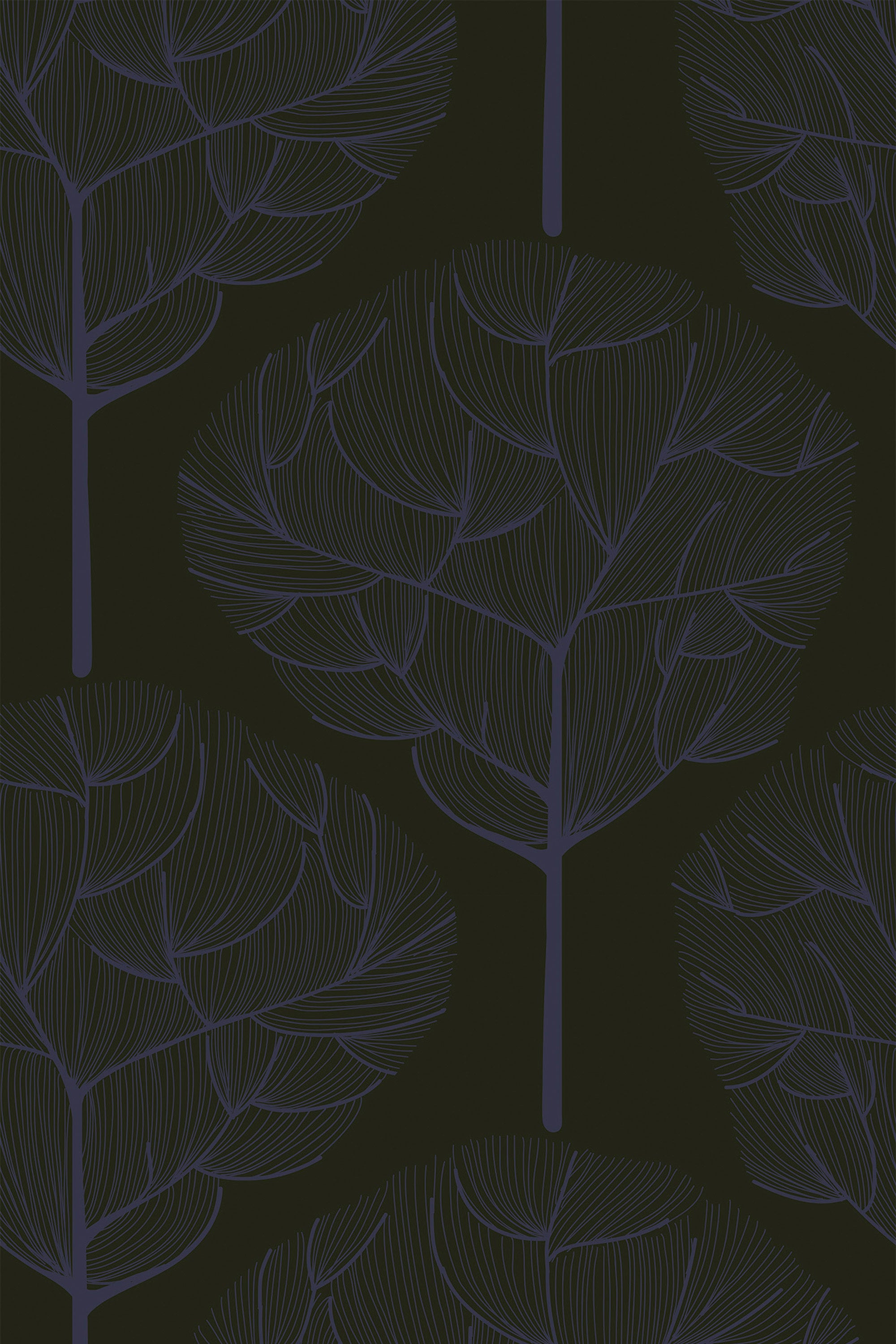 A repeating pattern of stylized dark blue oak trees on a black background, creating an elegant botanical theme for a peel and stick removable wallpaper.