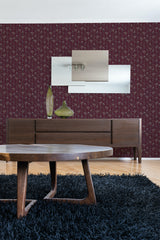 contemporary living room dark wood furniture dark burgundy flowers peel and stick wallpaper