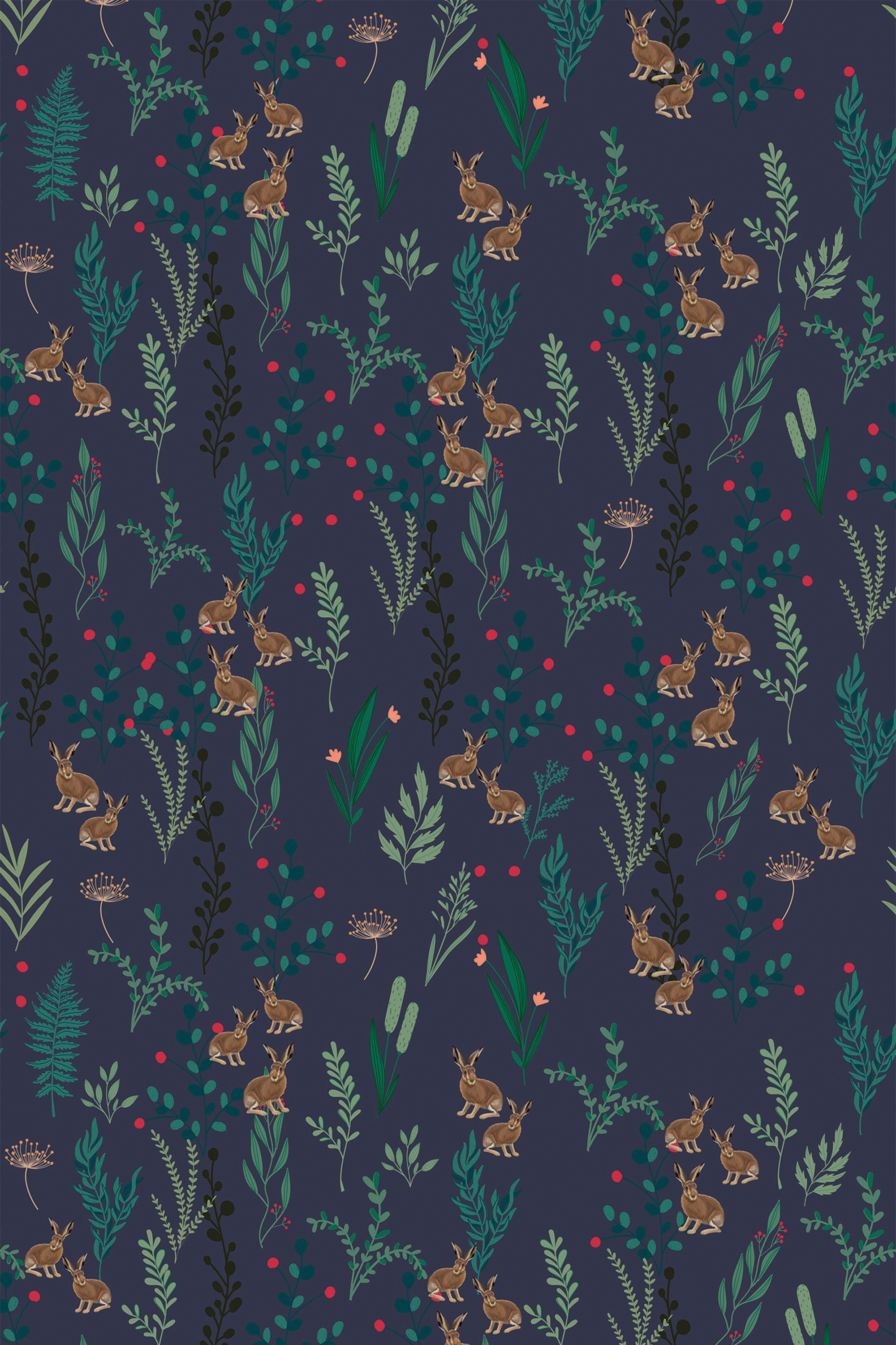A dark blue wallpaper with a repeating pattern of stylized deer, leaves, and red berries, perfect for a whimsical touch with its peel and stick removable feature.