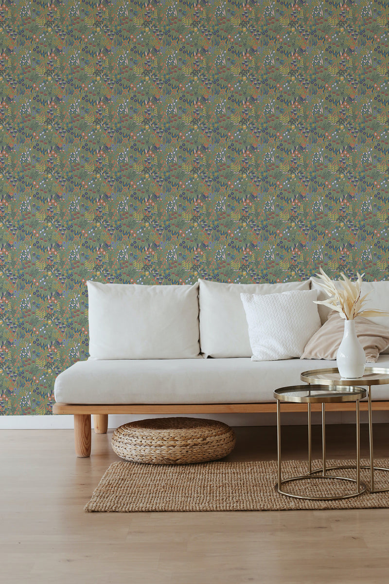 self stick wallpaper sage meadow pattern living room elegant sofa coffee table
