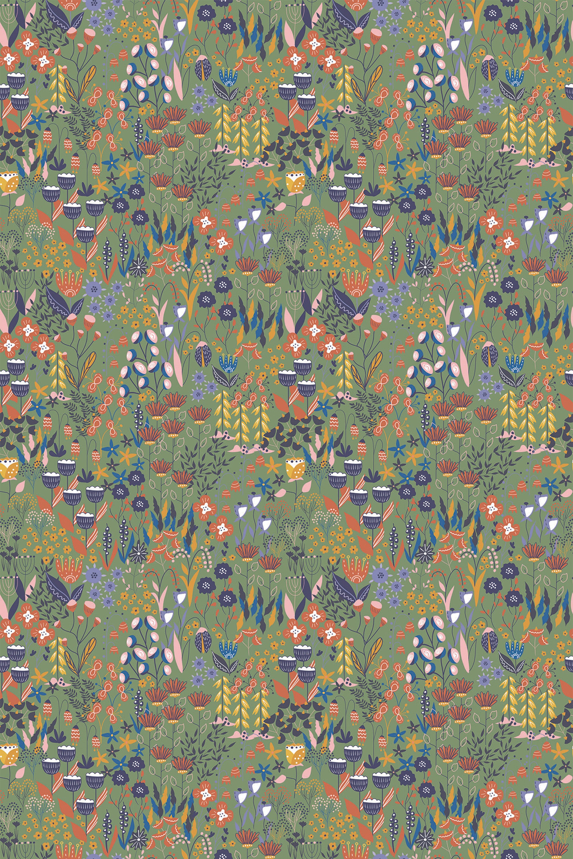 A repeating pattern of stylized flowers and foliage in earth tones with accents of red and blue on a sage green background, peel and stick removable wallpaper.