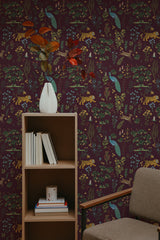 self-adhesive wallpaper burgundy animal land pattern bookshelf armchair decorative plant interior