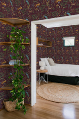 bedroom cozy interior green plants round carpet burgundy animal land peel & stick wallpaper