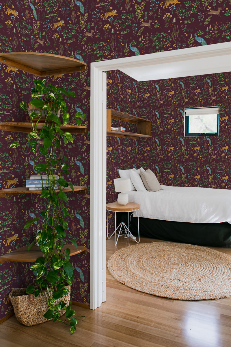 bedroom cozy interior green plants round carpet burgundy animal land peel & stick wallpaper