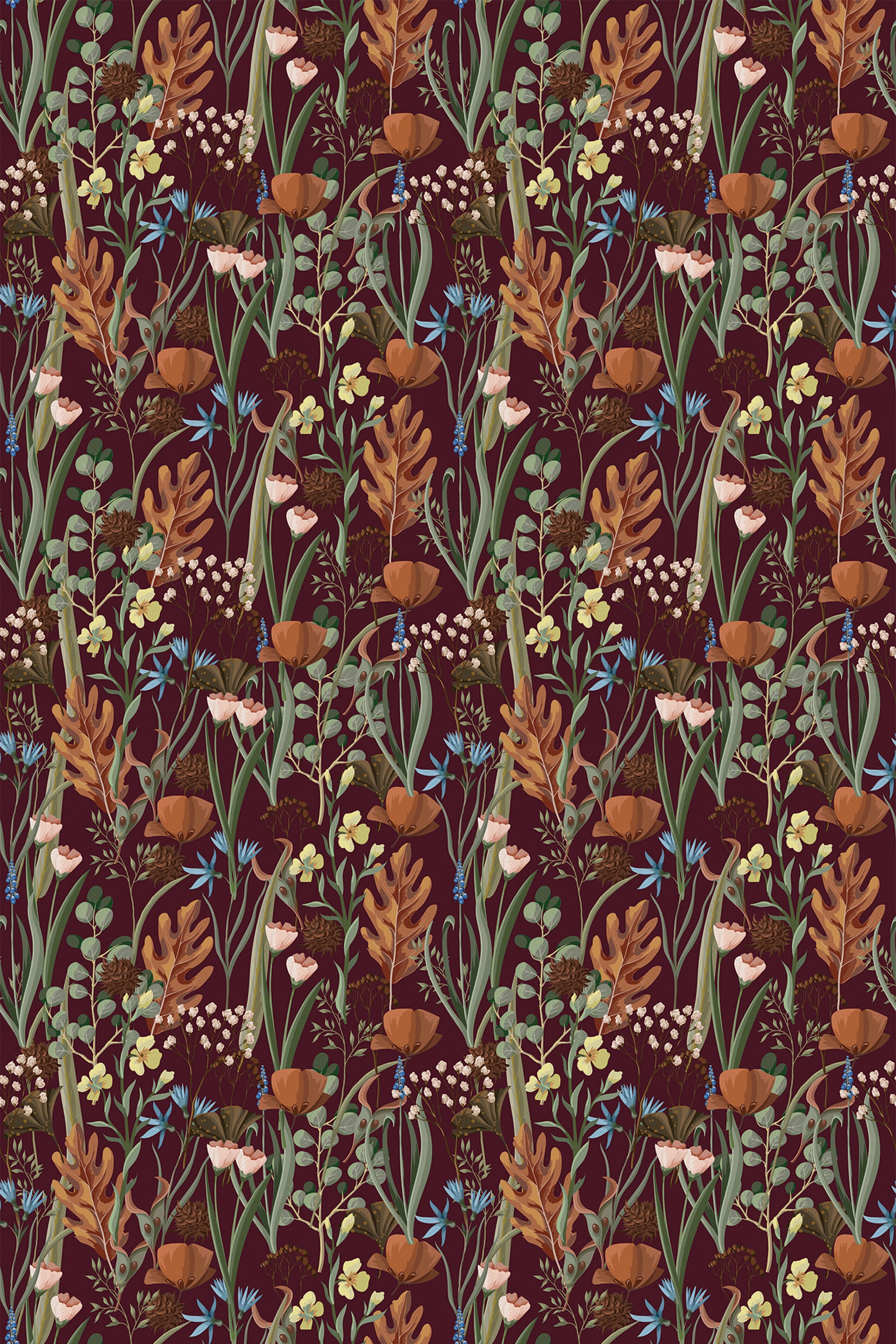 A floral pattern with burgundy, green, and yellow tones on a dark background, suitable for interior decoration as peel and stick removable wallpaper.