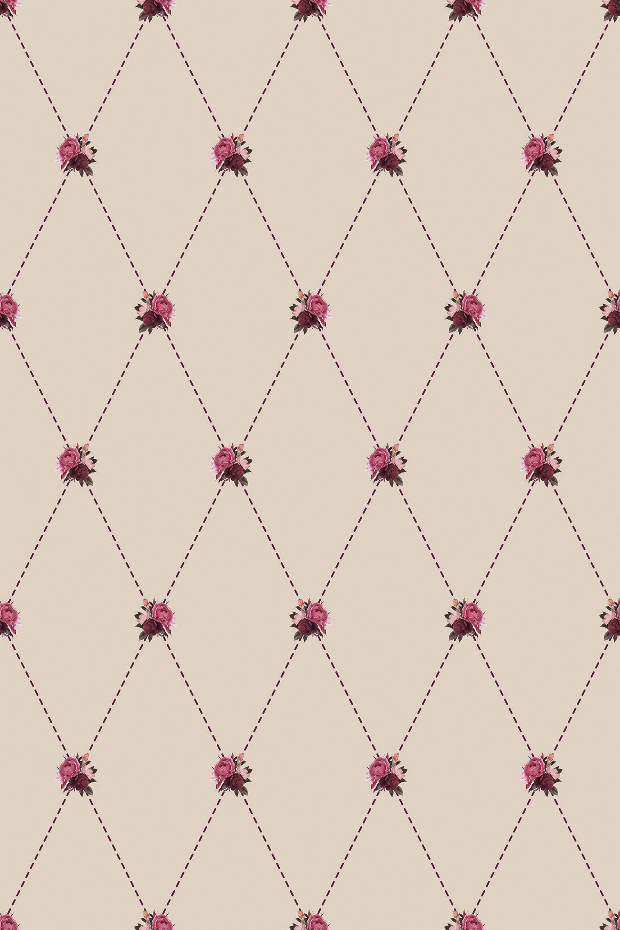 A vintage-style peel and stick removable wallpaper with a repeating pattern of small pink roses and delicate green leaves set against a light beige background, arranged in a diamond lattice formation.