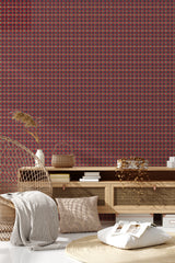 living room rattan furniture decorative plant burgundy plaid wall decor