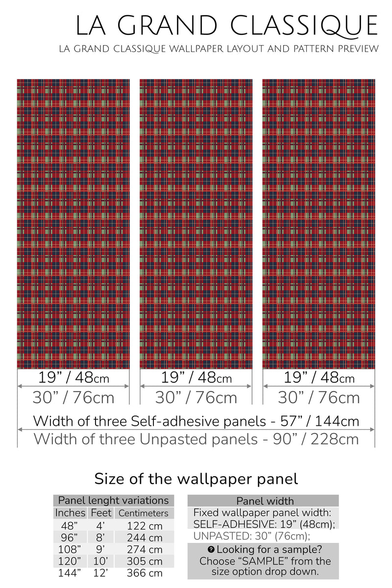 burgundy plaid peel and stick wallpaper specifiation