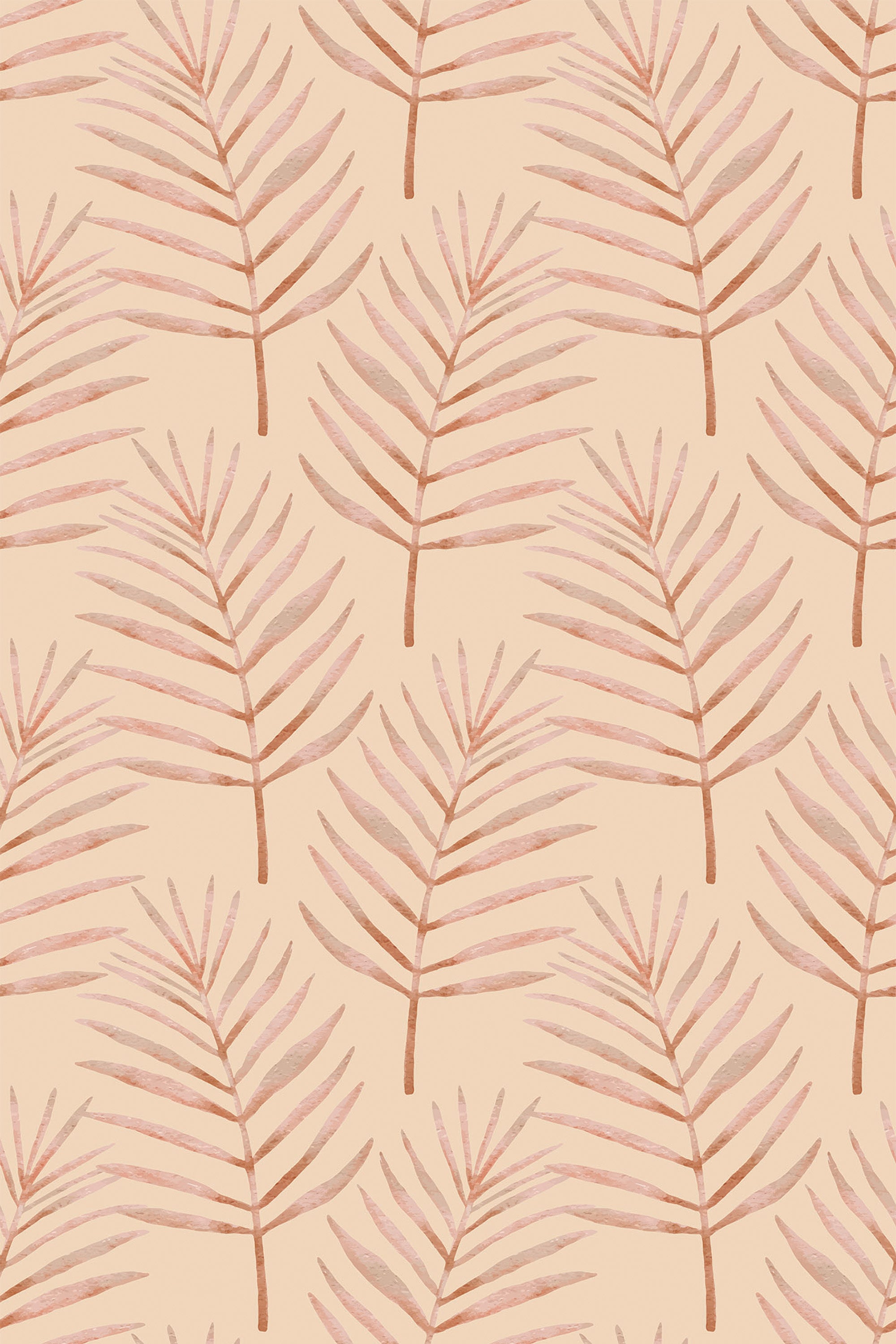 Boho Palm leaves pattern with warm beige background and stylized pink palm fronds, peel and stick removable wallpaper.
