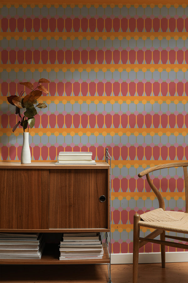traditional wallpaper retro bold geometry pattern accent wall sophisticated living room interior  