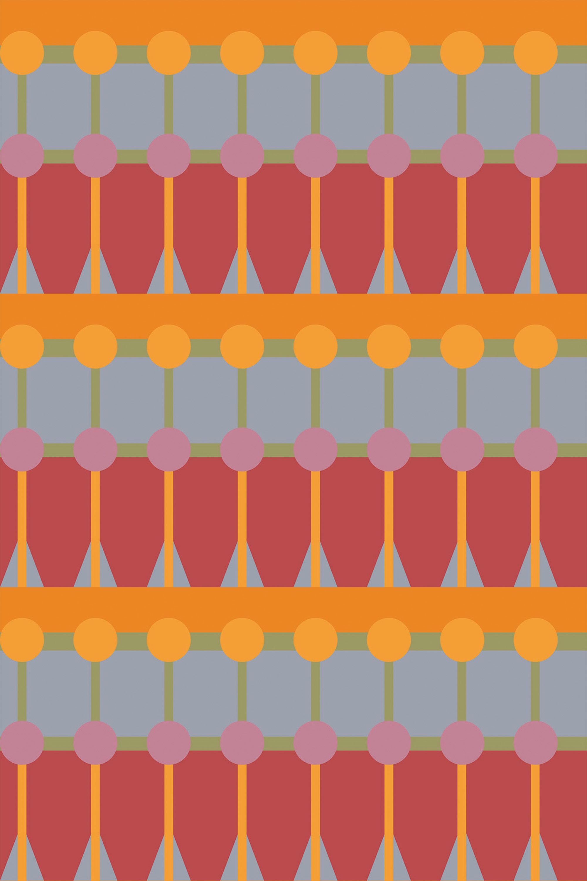Vibrant Retro bold geometric pattern with repeating rows of orange and yellow circles connected by gray and red rectangles on a muted teal background, peel and stick removable wallpaper.