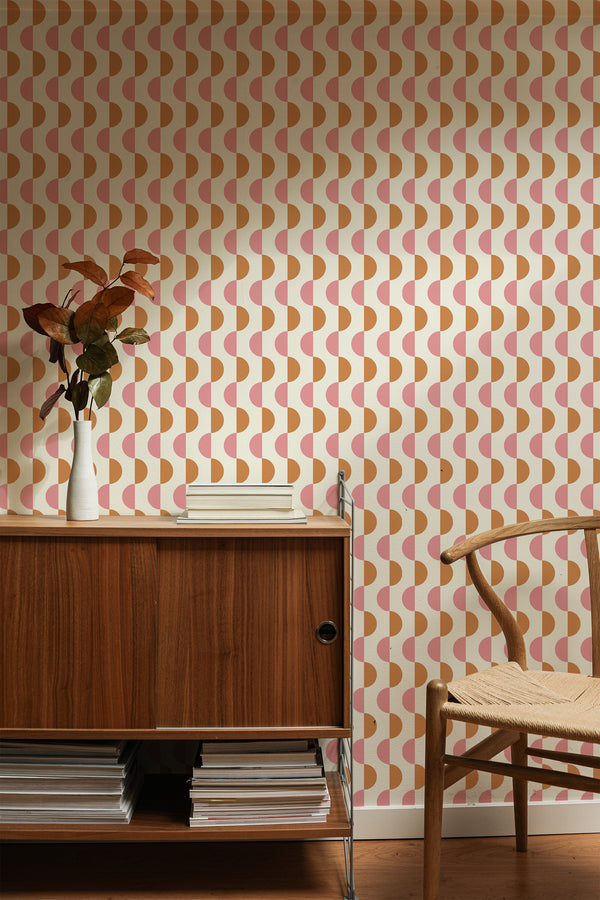 traditional wallpaper mid-century half circles pattern accent wall sophisticated living room interior  