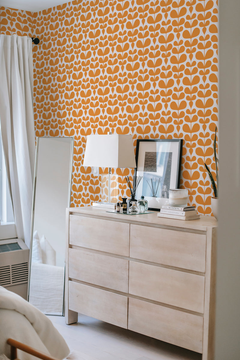         
peel and stick wallpaper geometric scandi leaves accent wall bedroom dresser mirror minimalist interior