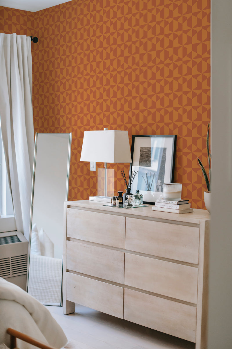         
peel and stick wallpaper burnt orange geometry accent wall bedroom dresser mirror minimalist interior