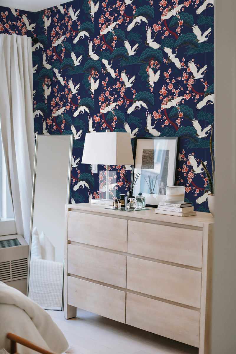         
peel and stick wallpaper bold cranes accent wall bedroom dresser mirror minimalist interior