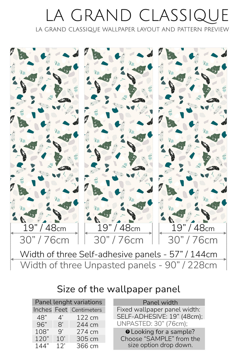 green terrazzo peel and stick wallpaper specifiation