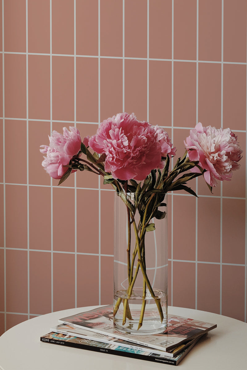 peonies magazines coffee table modern interior small pink tile wall paper peel and stick