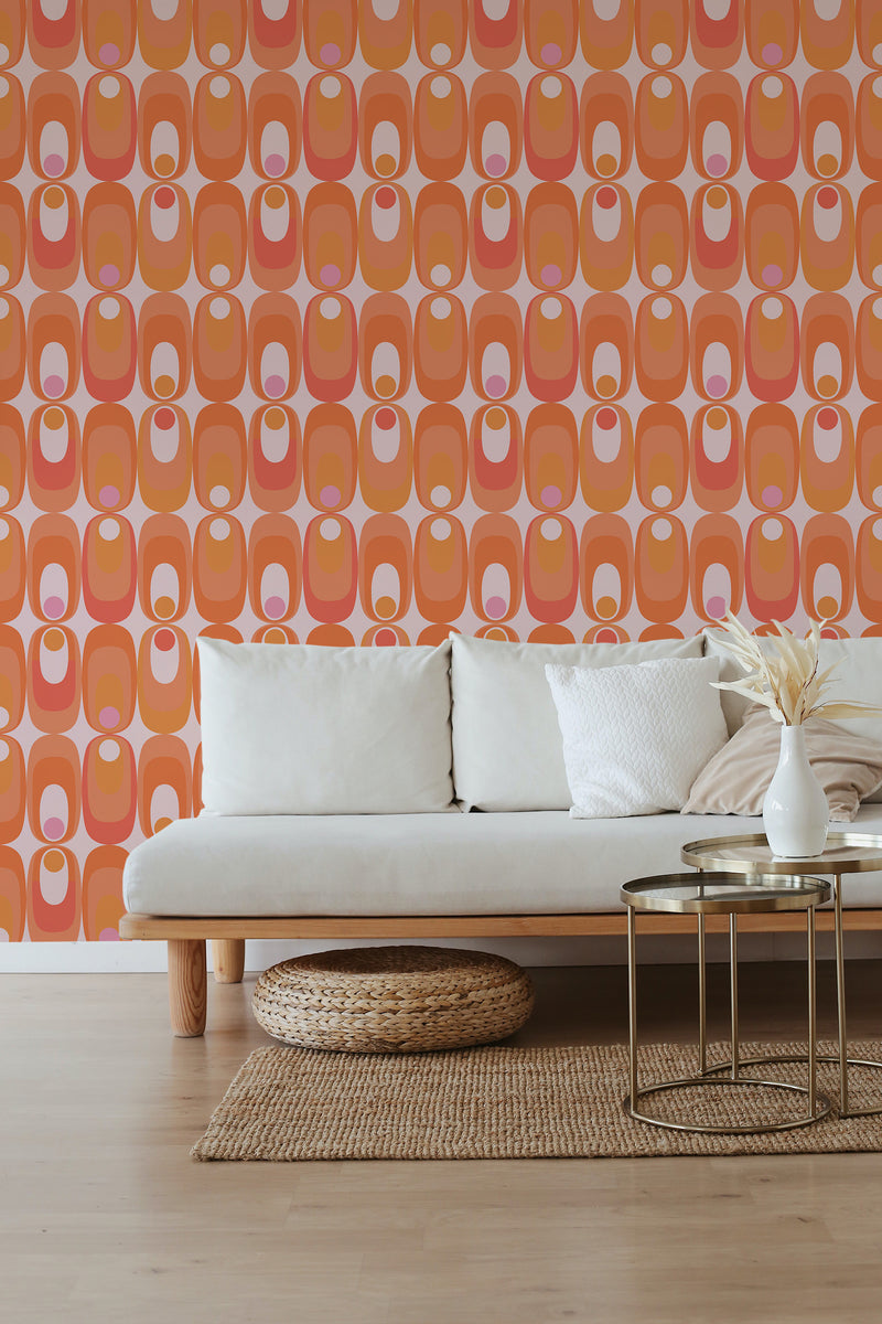 self stick wallpaper orange retro circles pattern living room elegant sofa coffee table