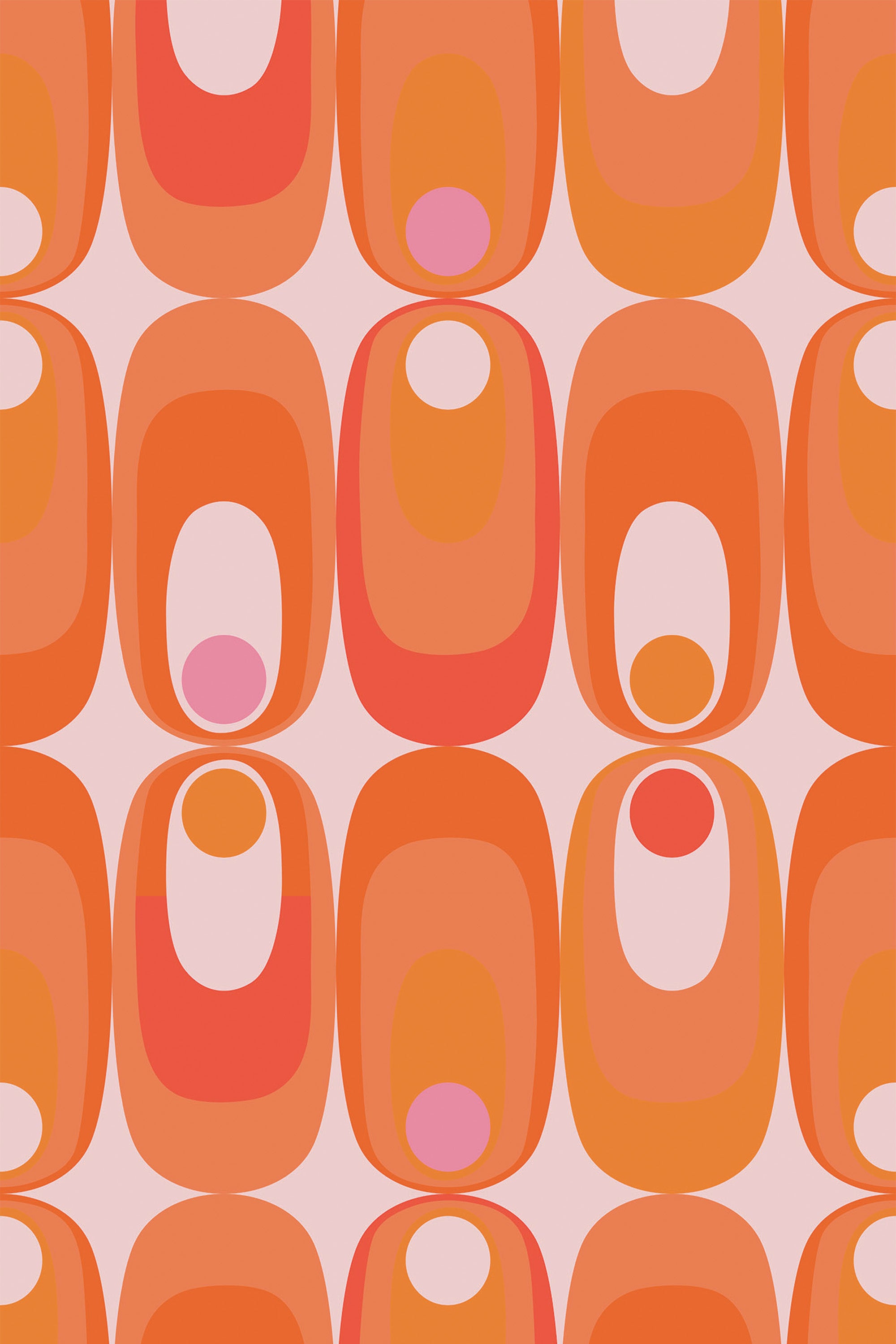 A pattern of overlapping orange, peach, and pink retro-style circles on a light background, peel and stick removable wallpaper.