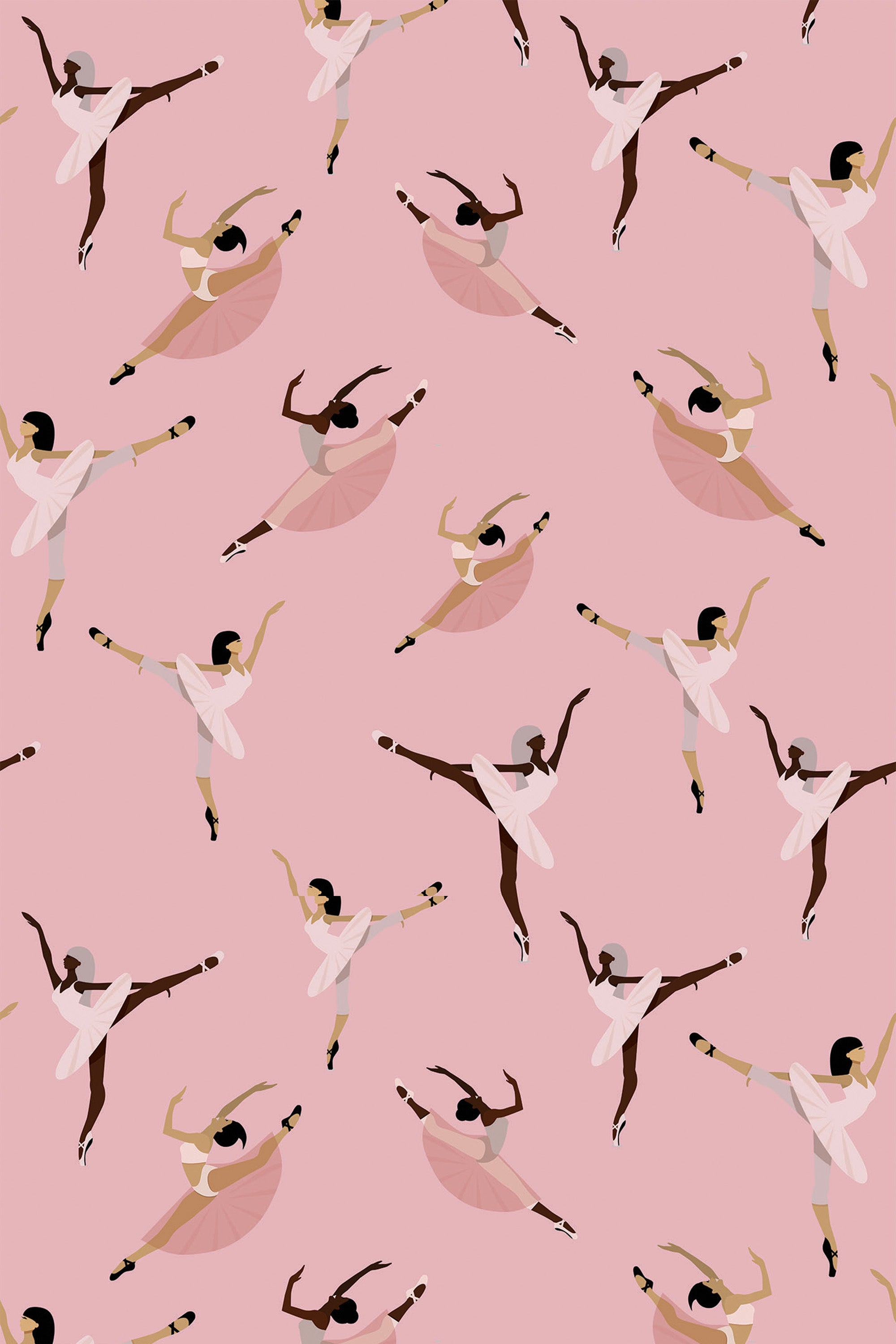 A pattern of ballerinas in different poses on a pink background, peel and stick removable wallpaper.