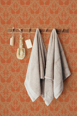 stick and peel wallpaper orange swan pattern bathroom brush soap towel accessory wall