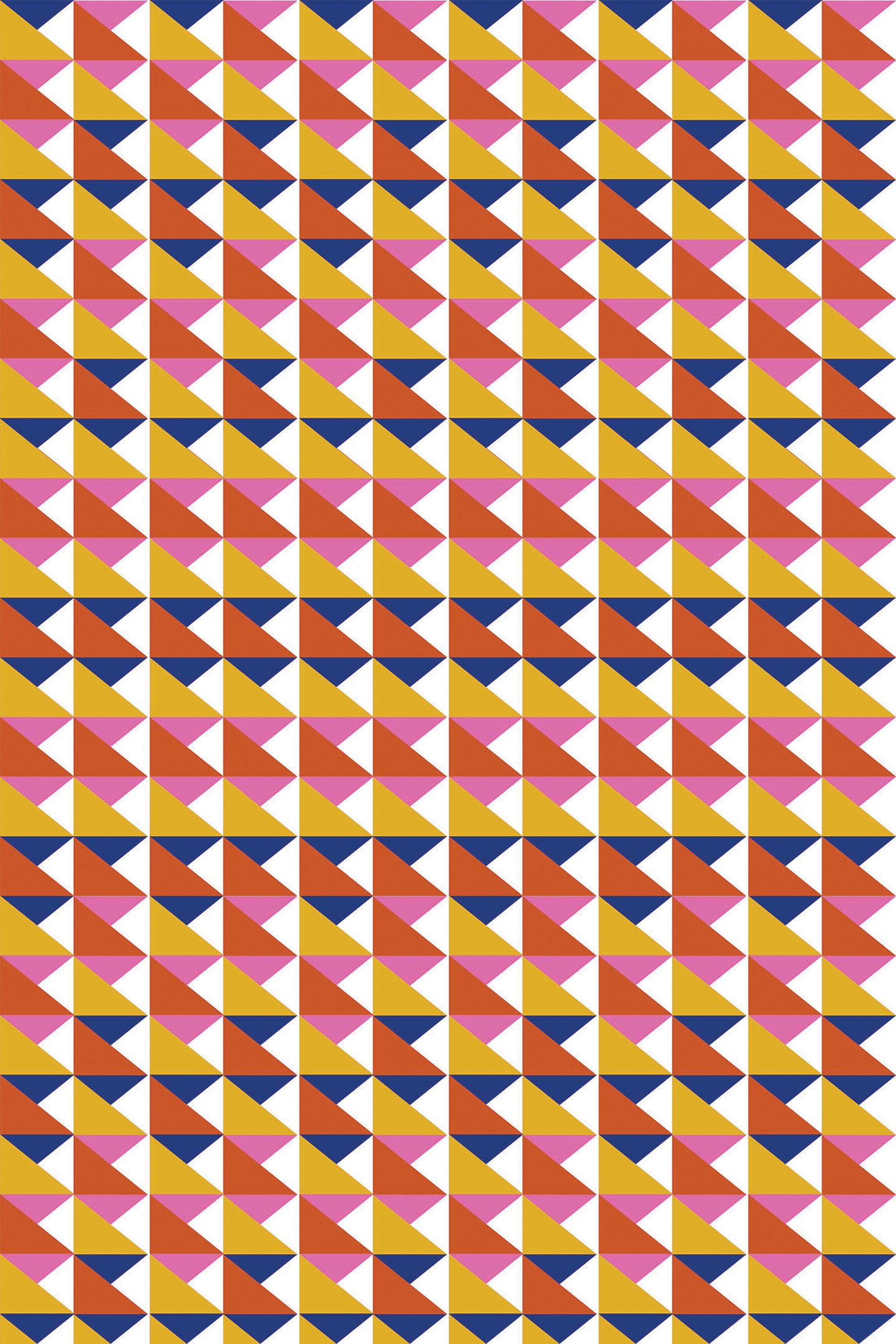 A pattern of colorful retro triangles in shades of pink, yellow, blue, and orange arranged in a repetitive geometric design on peel and stick removable wallpaper.