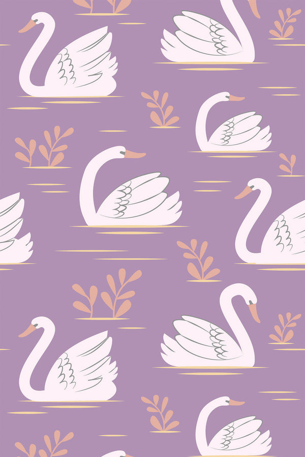 Elegant white swans with spread wings on a purple background, interspersed with small gold and pink botanical elements, part of a peel and stick removable wallpaper collection.