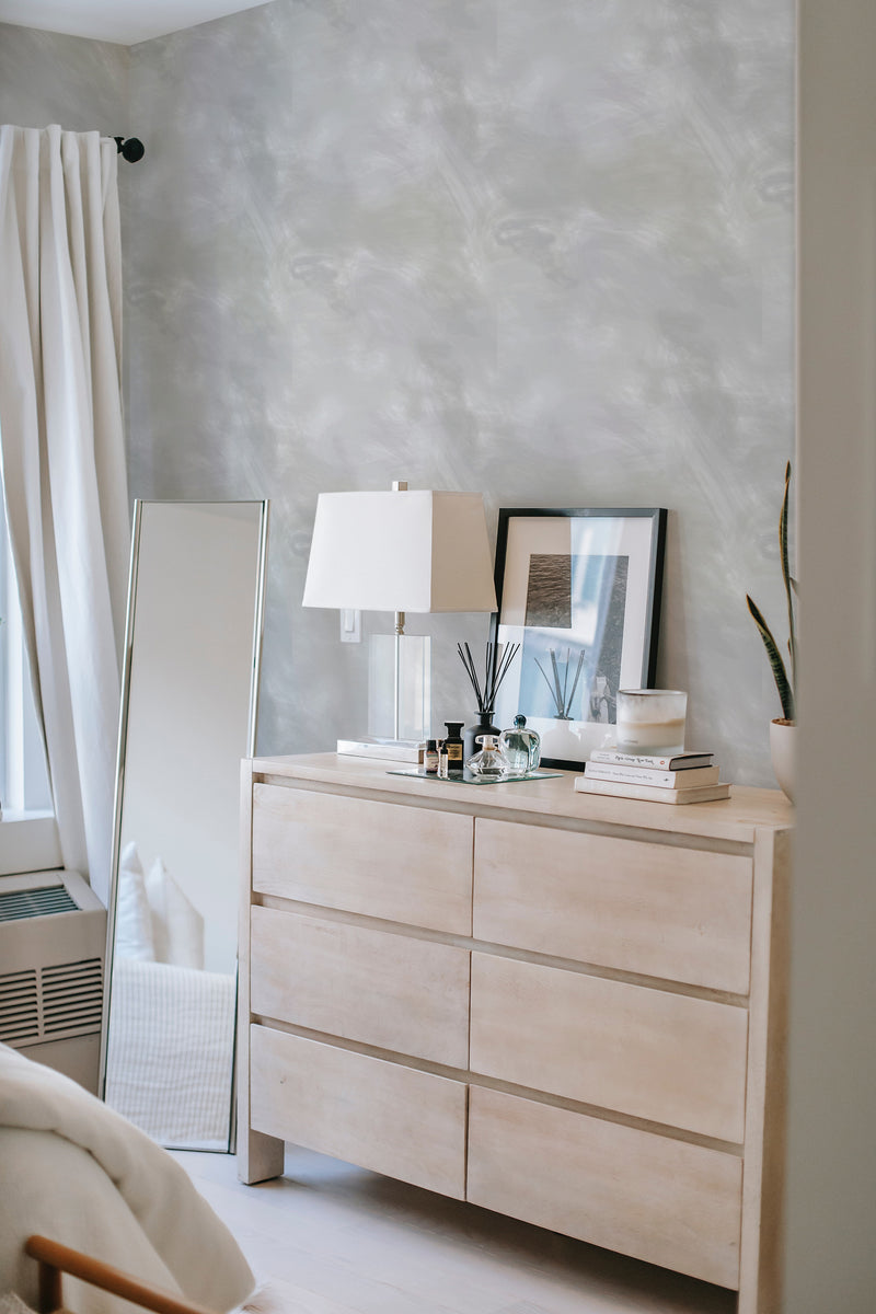         
peel and stick wallpaper gray elegance accent wall bedroom dresser mirror minimalist interior