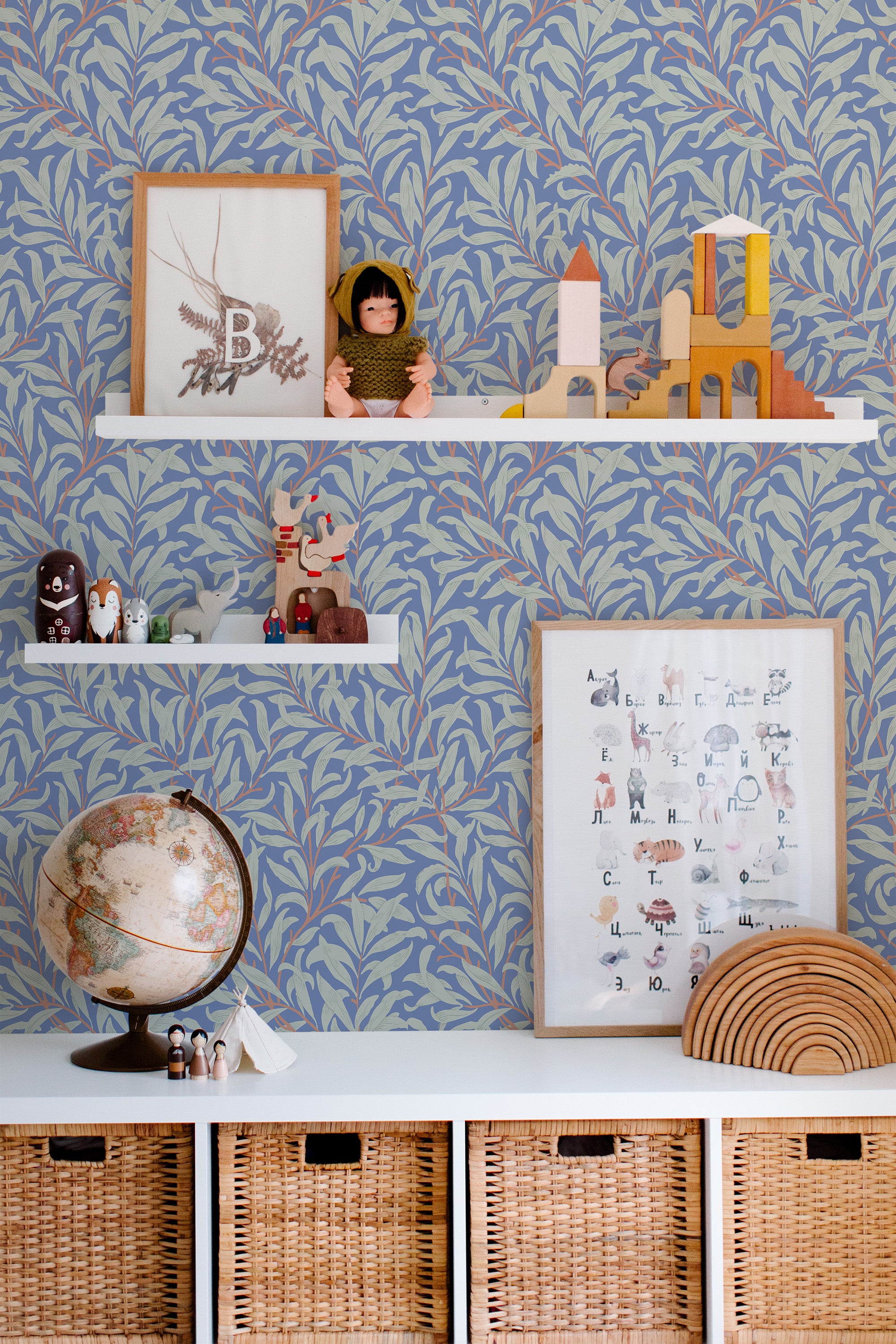 Self-adhesive Elegant branch wallpaper with blue and mustard botanical patterns, accompanying children���s toys and educational posters on shelves.